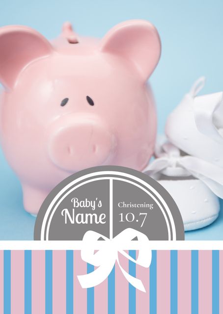 Pink piggy bank and white baby shoes with text space for baby's name and christening date. Great for announcing a baby's christening, financial planning visuals for child savings, or designing greeting cards and event invitations. Vibrant pastel colors enhance celebratory and joyful themes.