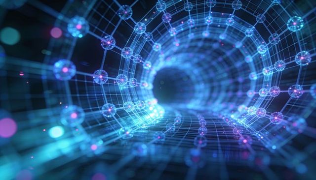 Streaming neon wireframe tunnel receding into glowing virtual pipeline with pulsing nodes