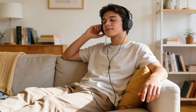 Young man relaxing on sunlit sofa listening with wired headphones for cozy home leisure
