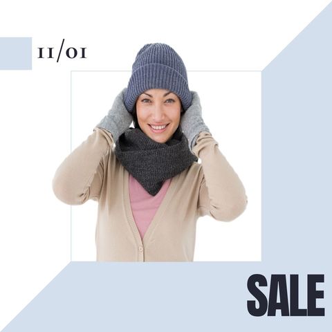 woman in winter clothing promoting seasonal sale with warm smile - Download Free Stock Templates Pikwizard.com