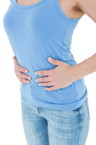 Transparent Woman Harnessing Stomach Pain in Blue Attire