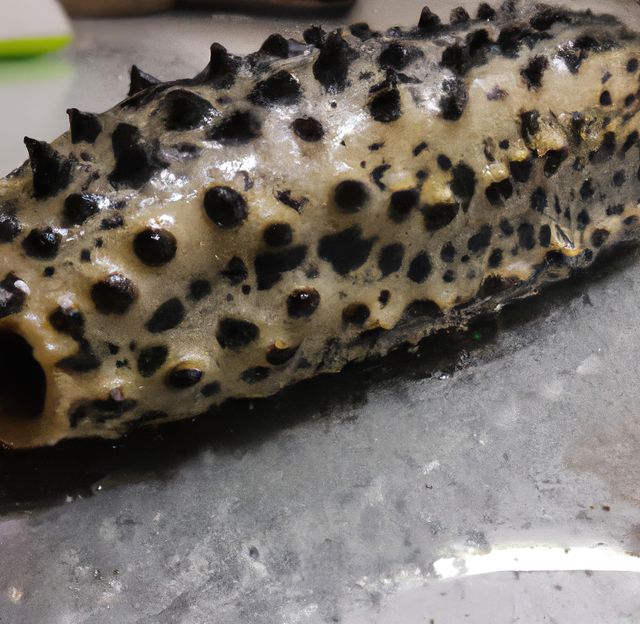 Close-up showing detailed texture of a sea cucumber with prominent spikes on a wet surface. This image is useful for educational content for marine biology, articles on underwater life, and by illustrators needing texture reference.