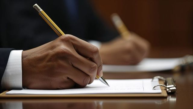 Business professional writing on clipboard with pencil during boardroom meeting, signing documents