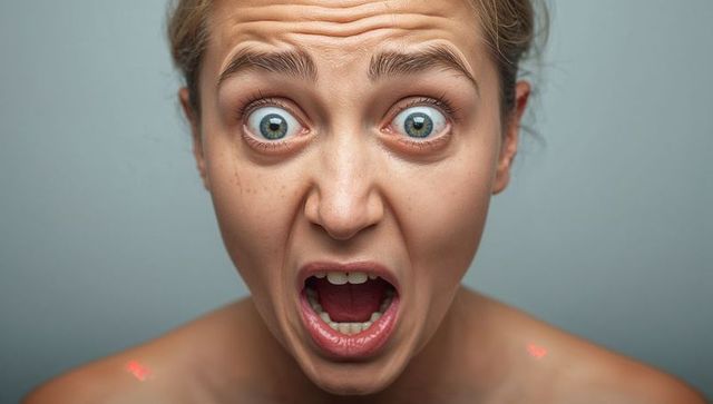 Close-up screaming young woman with wide-eyed shocked expression and open mouth