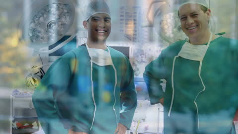 Diverse Surgeons in Operating Room with Abstract City Overlay