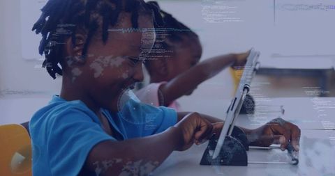 Smiling child learning coding on tablet, tapping touchscreen with digital code overlays