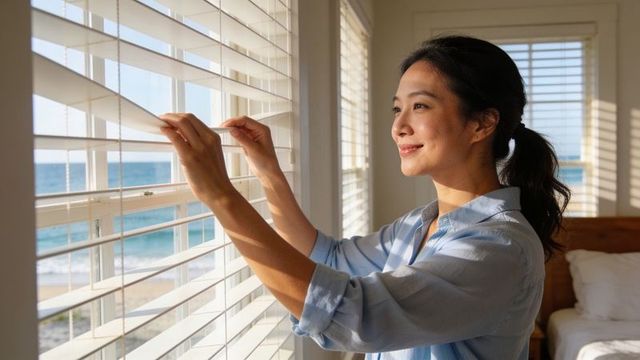 Smiling woman adjusting blinds in sunlit coastal bedroom overlooking ocean morning view