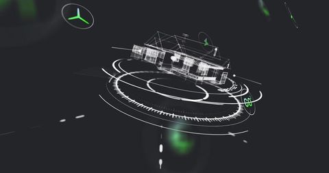 Futuristic floating 3d house model with neon green technology interface