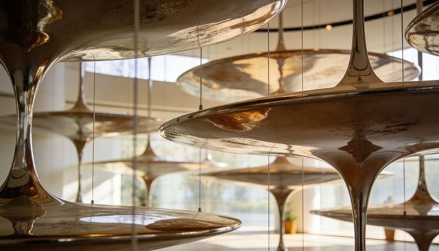 Floating bronze disc installation showing reflective patina, curved forms and gallery light