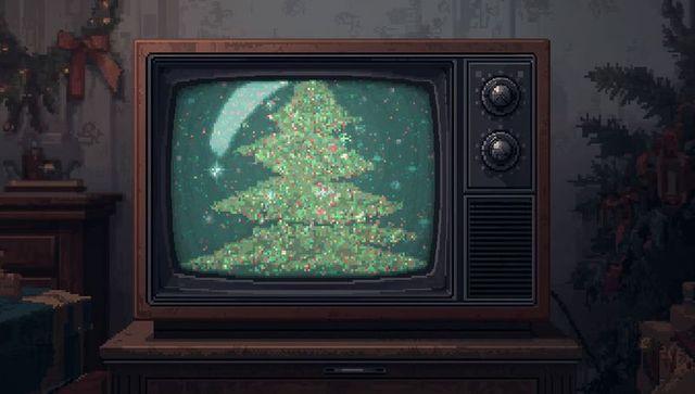 Retro crt television displaying pixel art christmas tree on wood console evoking nostalgia