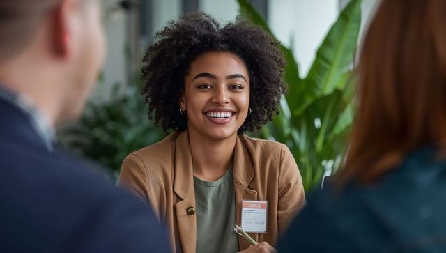 Smiling young professional in tan blazer speaking during collaborative office meeting