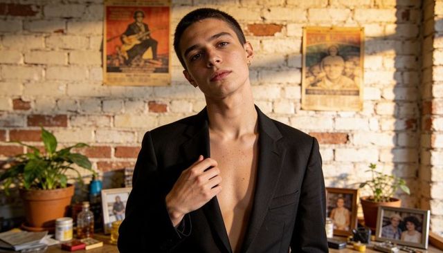 Young male model wearing open blazer, posing against sunlit vintage brick wall interior