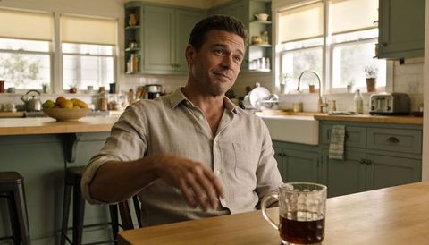 Man relaxing over coffee in sunlit farmhouse kitchen wearing casual linen shirt