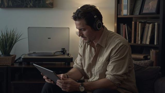 Man wearing headphones using tablet in cozy living room with turntable and bookshelf