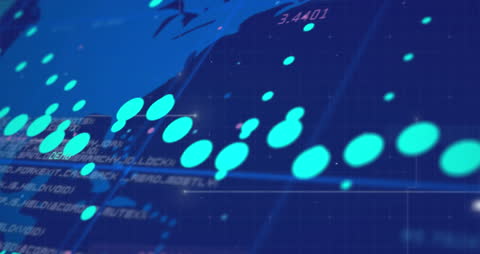 Animated World Map with Data Streams on Blue Background