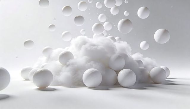 Floating matte spheres surrounding cloud-like cotton mound creating minimalist monochrome still life
