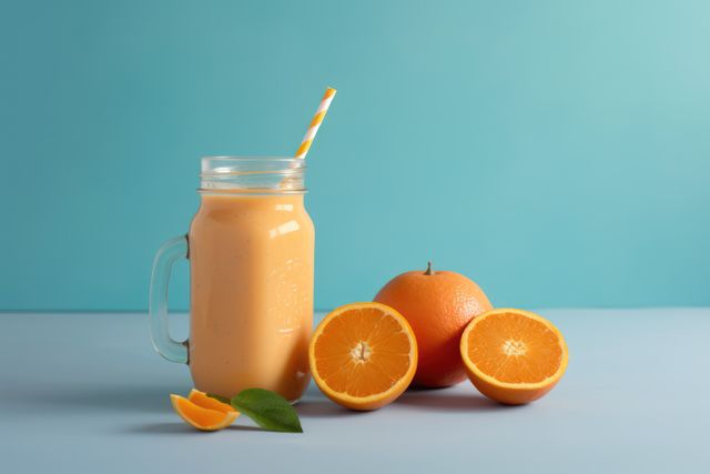 Orange smoothie and oranges on blue background, created using generative ai technology. Fruit smoothie, food and drink, healthy eating concept digitally generated image.