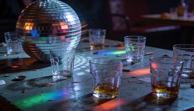 Spinning mirrored disco ball casting rainbow reflections across bar table with drink glasses