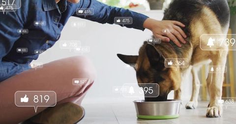 Woman bonding with german shepherd in digital lifestyle
