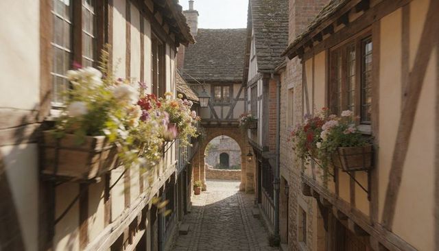 Sunlit Cobblestone Alley with Timber-Framed Houses and Flower Boxes Leading to Stone Archway