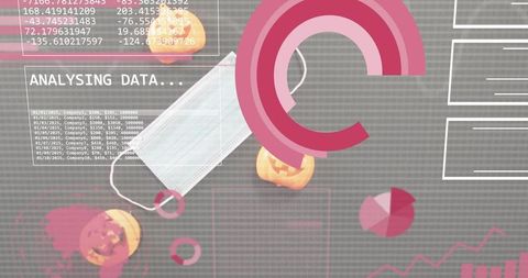 Medical mask amid halloween pumpkins on data dashboard with magenta charts and analytics