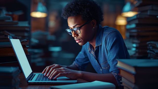 Focused woman wearing glasses using laptop amid book stacks