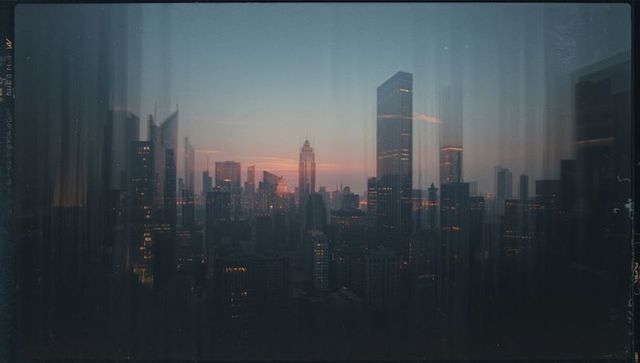 Vibrant Cityscape Silhouette at Dusk with Light Streaks