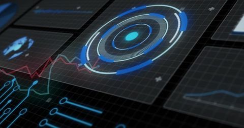 Displaying futuristic hud with circular data visualization and neon circuit traces