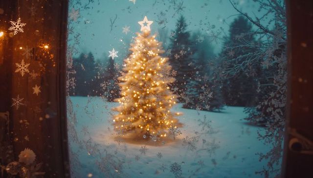 Cozy Christmas Tree with Star Topper through Frosted Window
