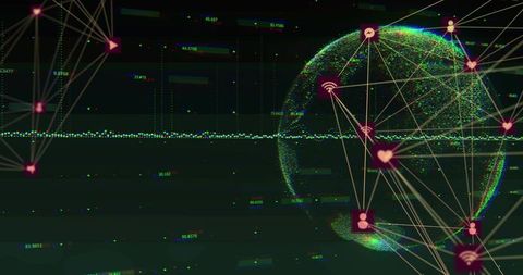 Point Cloud Globe Displaying Linked Nodes and Triangular Network on Neon Holographic Grid