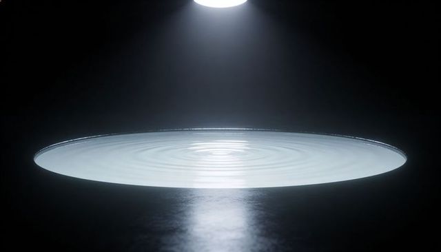 Glowing Circular Basin with Milky Concentric Ripples under Overhead Spotlight