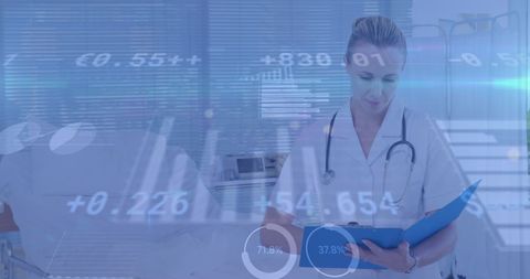 Doctor Analyzing Financial Data and Medical Trends