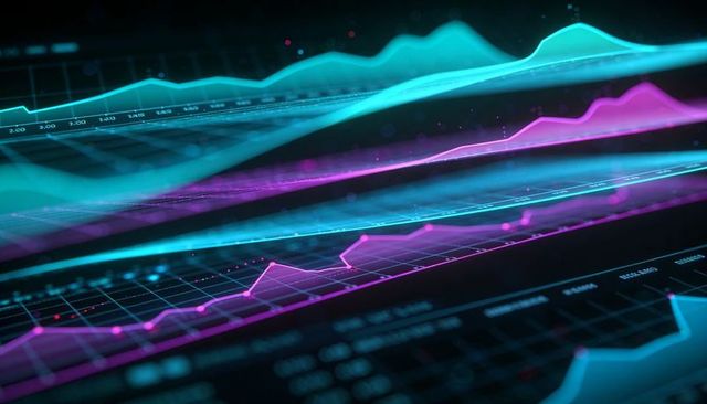 Visualizing neon teal and magenta financial metrics on layered holographic grid dashboard
