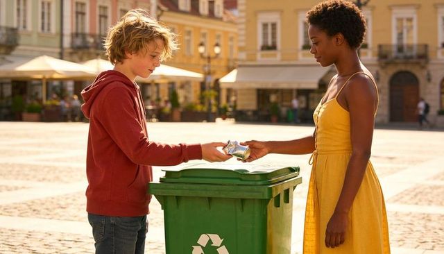 Teen and woman recycling aluminum can in sunny historic city plaza, urban sustainability