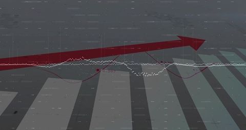 Red arrow pointing up over abstract financial dashboard with bars, dots and trend lines