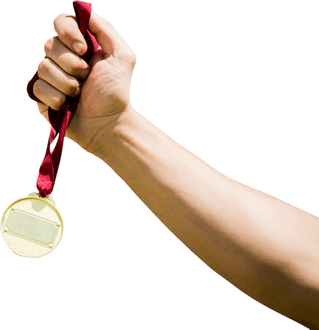 Victorious Hand Holding Gold Medal on Transparent Background