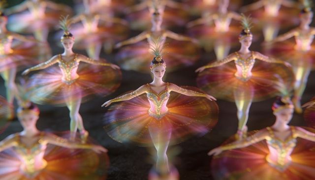 Iridescent ballerina figurines dancing in formation with glowing tutus and gold bodices