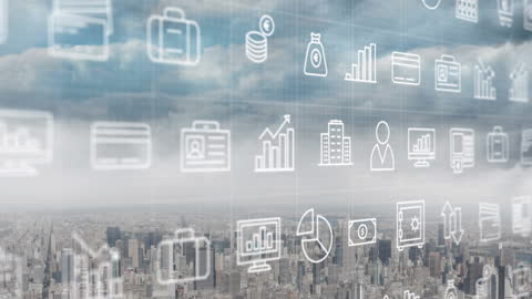 Futuristic Data Icons Overlaying Urban Cityscape