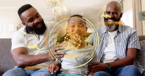 Smiling multigenerational family hugging child on couch with augmented reality interface