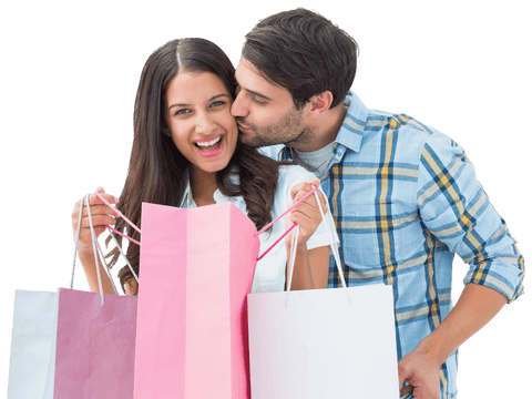 Smiling Couple with Shopping Bags on Transparent Background