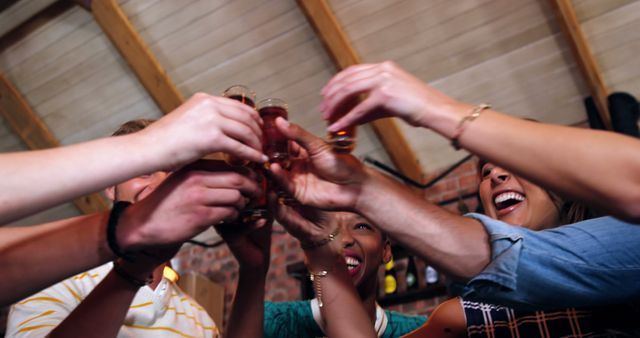 Group of friends interacting while toasting a shot glasses in pub