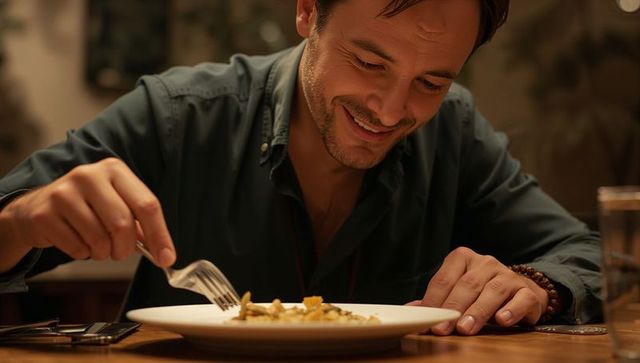 Smiling man leaning at table enjoying plated meal in warm restaurant lighting wearing beaded bracele