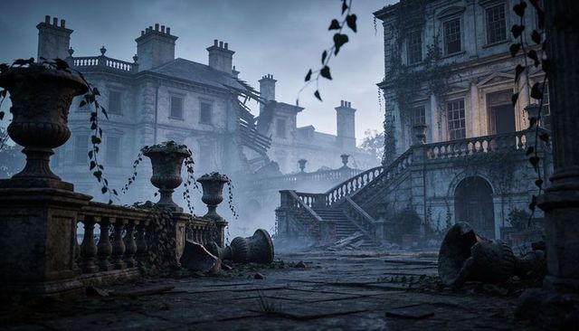 Decaying neoclassical manor courtyard at dusk with broken urns and overgrown vines