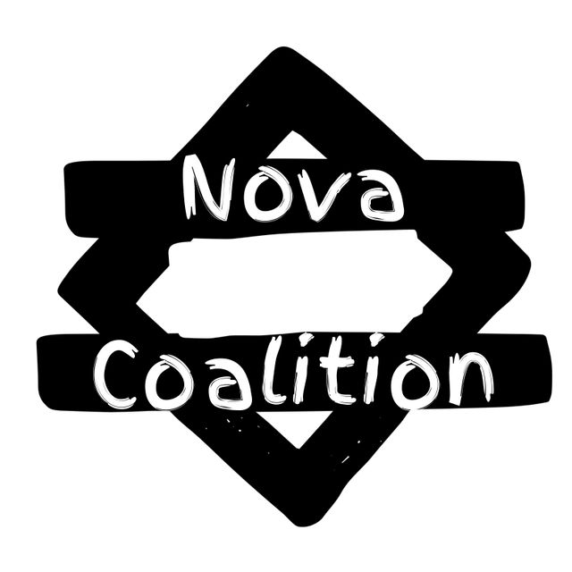 Nova Coalition text illustration with black abstract shapes on a white background. Ideal for logo design, branding, promotional materials, social media graphics, and modern art projects.