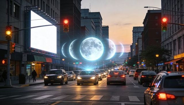 Holographic moon phases floating above urban avenue at dusk with traffic and pedestrians