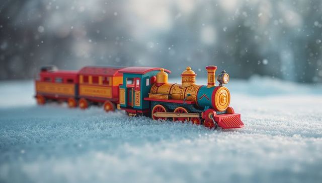 Toy train locomotive in winter wonderland with falling snow
