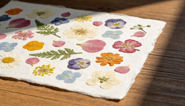 Handmade deckled paper showing pressed wildflowers, ferns and petals in sunlight