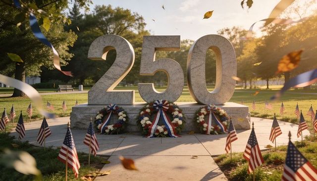 Stone numeral 250 memorial with patriotic wreaths and american flags in autumn park