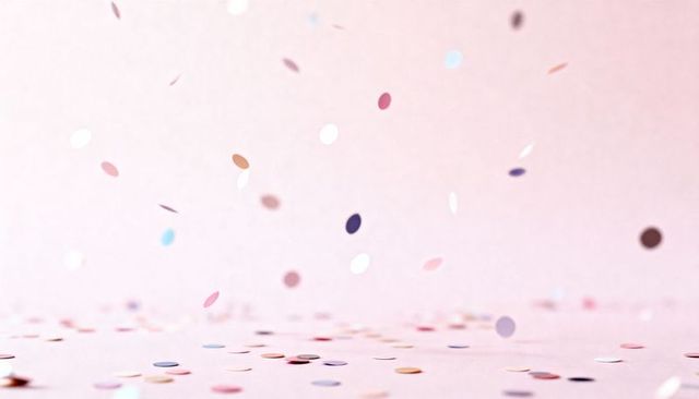 Pastel Confetti Floating Over Soft Pink Surface, Metallic Discs, Airy Minimal Celebration