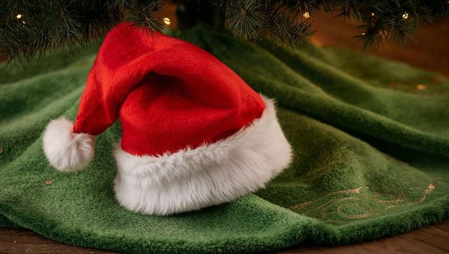 Red santa hat resting on green tree skirt beneath evergreen boughs with warm lights